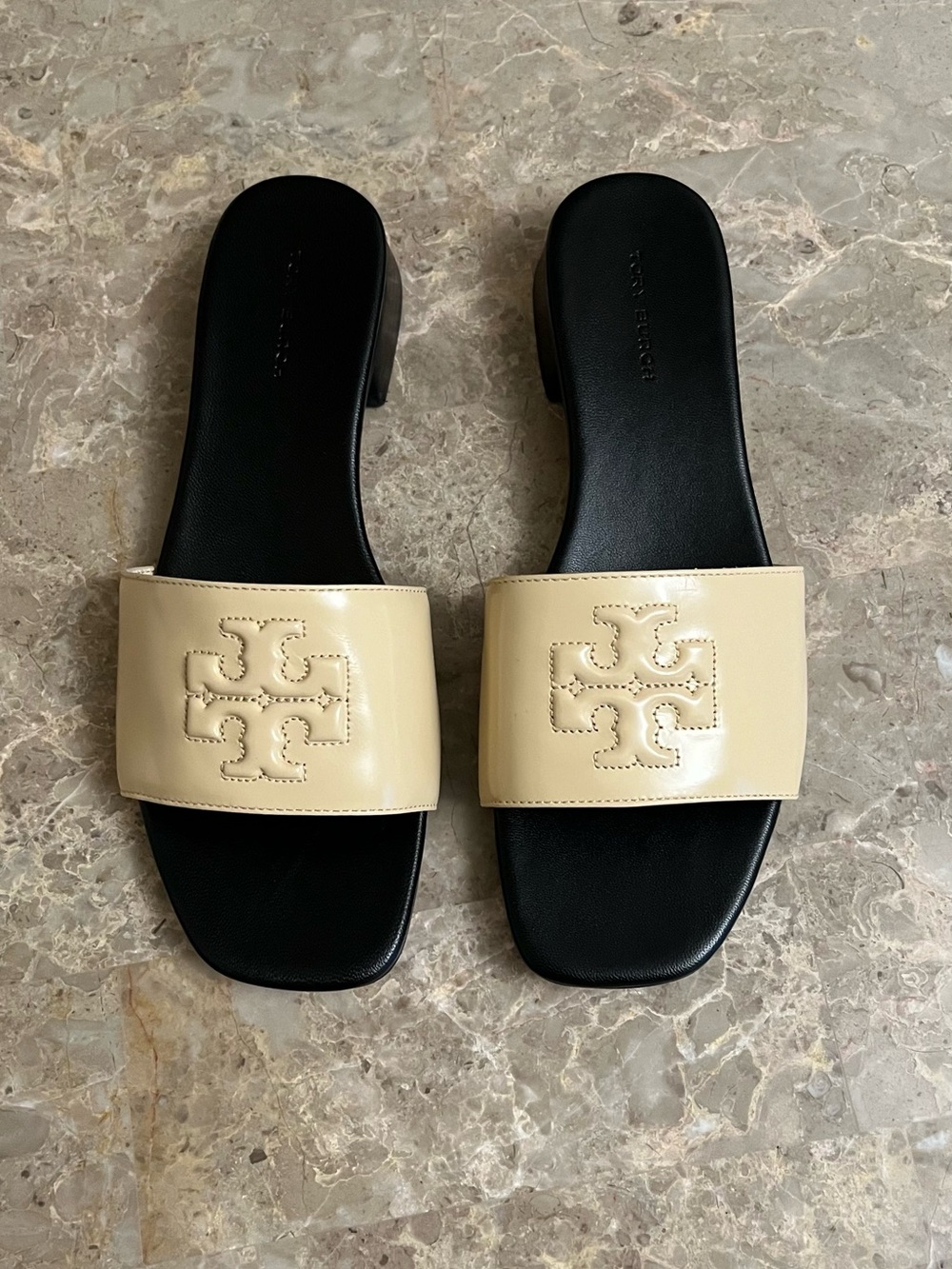 Tory Burch Black & Cream Slide Sandals with Logo Band